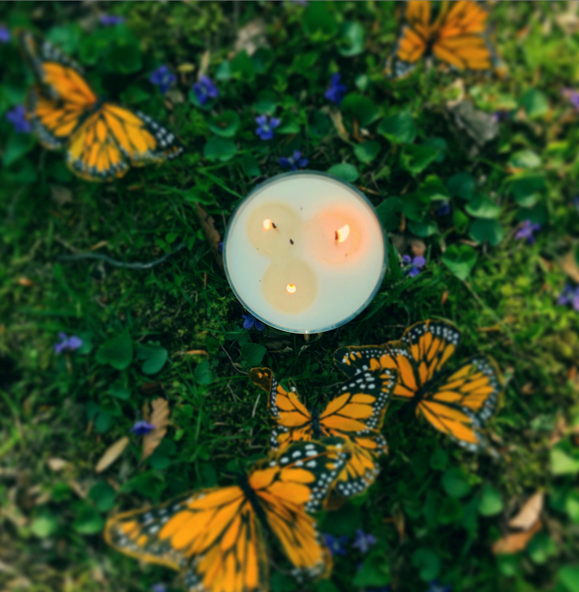 Candle with butterflies on a grassy background